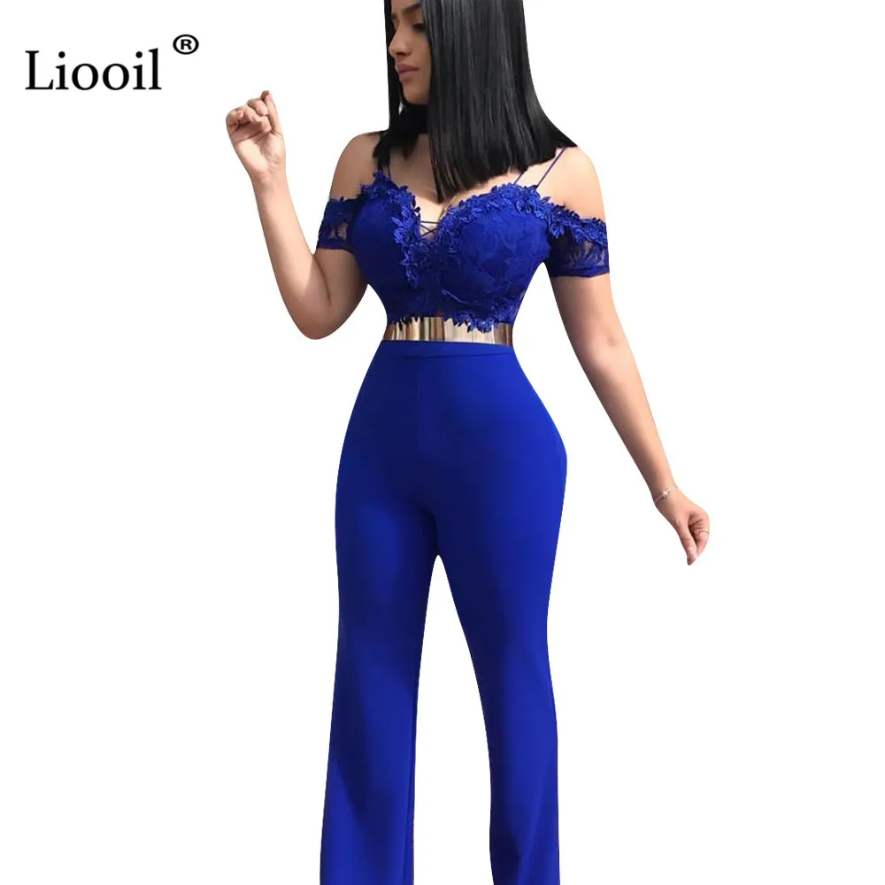 

Liooil Off Shoulder Sheer Lace Tight Jumpsuits Sexy One Piece Outfits 2019 V Neck High Waist Party Club Rompers Womens Jumpsuit