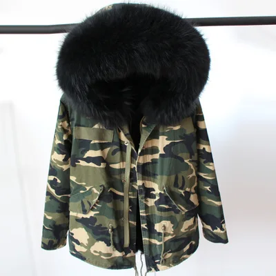 Женские зимние камуфляжные парки с большим воротником из меха енота, пальто с капюшоном, верхняя одежда, 2 в 1, съемная зимняя куртка с подкладкой, брендовый стиль - Цвет: camo black fur