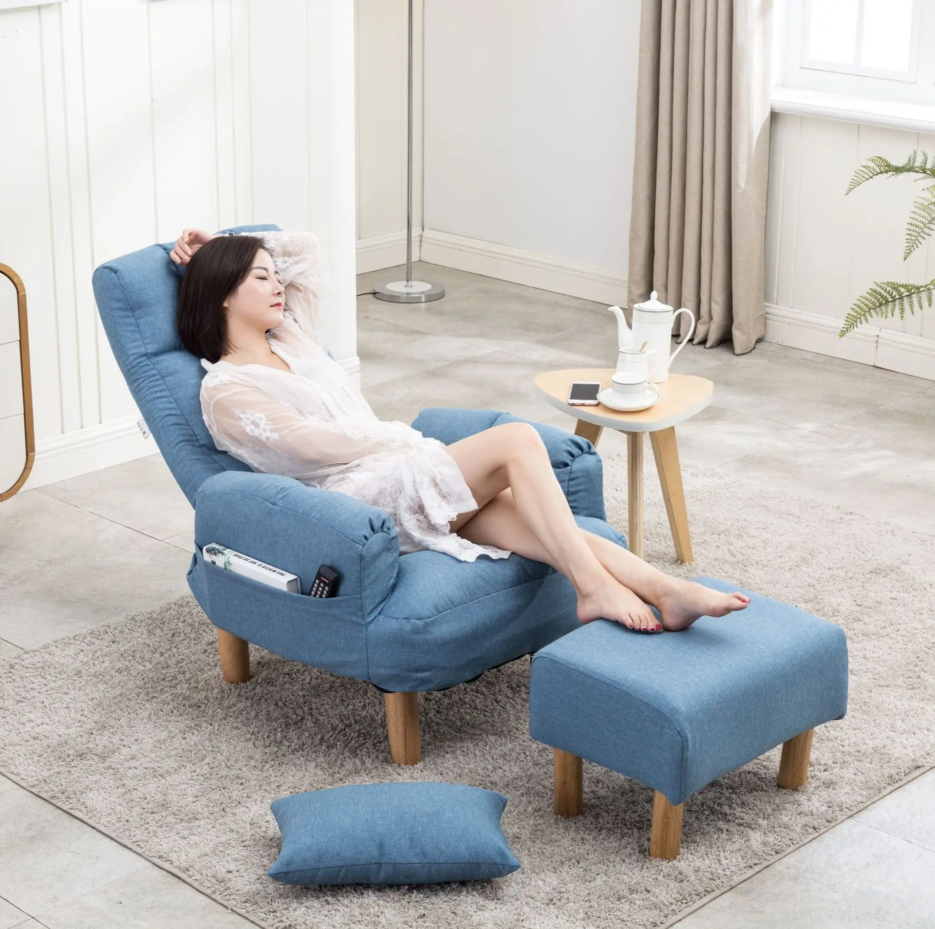 

Quality Foldable Sofa Chairs Seat Lazy Seat Cotton Hemp Recliner Single Sofa with Adjustable Armrest and Headrest Feet Removable