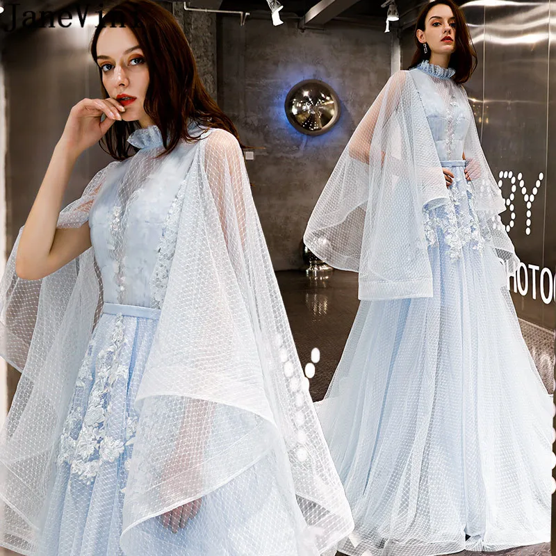 

JaneVini Princess Light Sky Blue Prom Dresses Arabic Long Mesh Bridesmaid Dresses High Neck Lace Party Gown Robe Demoiselle 2019