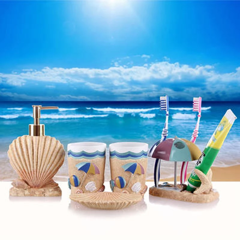 Modern Luxury Resin 5pcs/set Bathroom Set Accessories Marine Style Toothbrush Holder Soap Dish Wash Decors Wedding Creative Gift