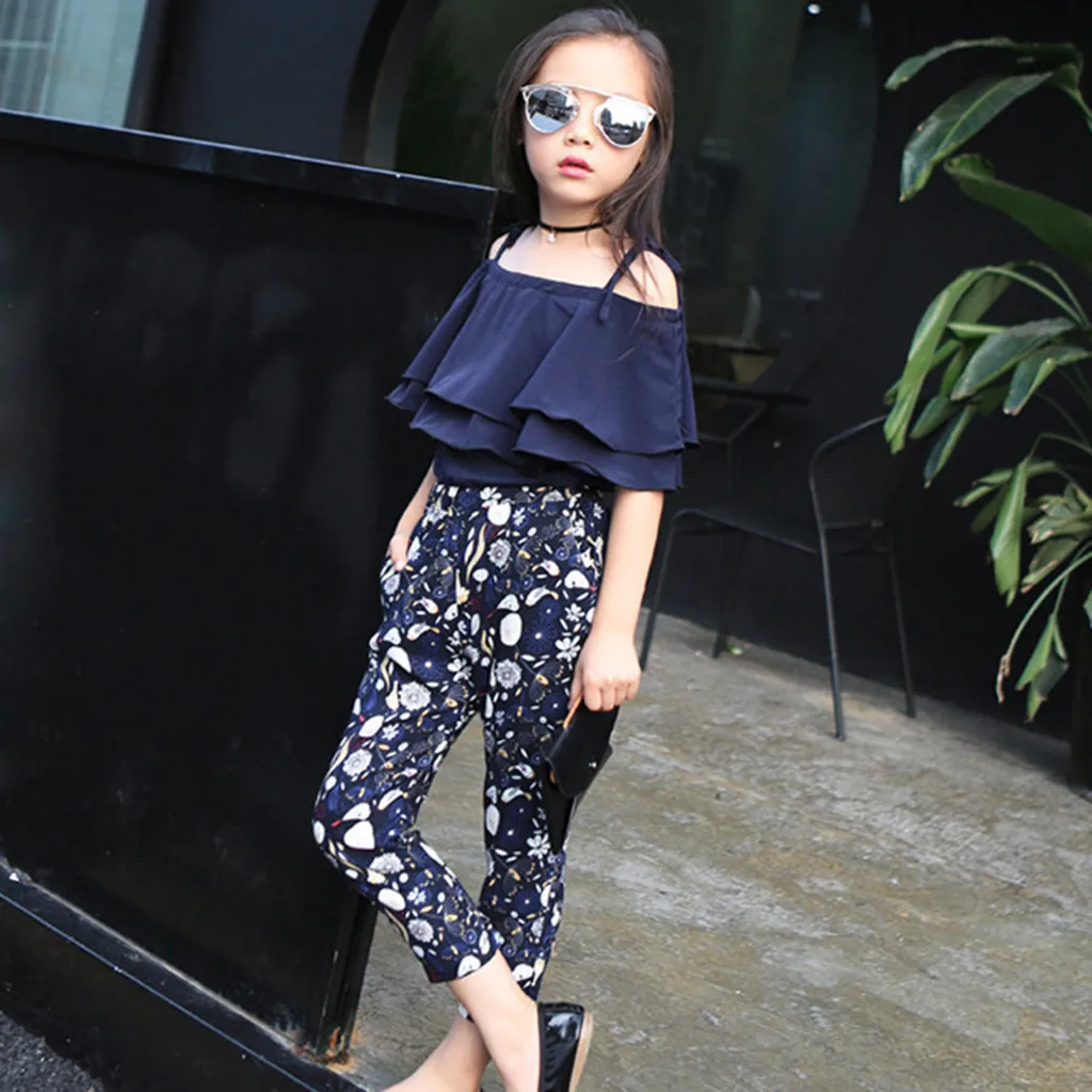 

2019 Toddler Kids Baby Girl children clothes Summer Outfits Off Shoulder T-shirt Tops+Floral Pants clothes Set costume kids