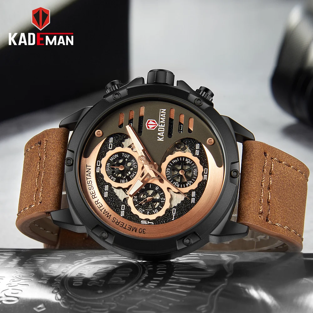 KADEMAN Mens Watches Top Brand Luxury Waterproof 24 Hour Date Quartz Watch Man Leather Sport Wrist Watch Men Waterproof Clock
