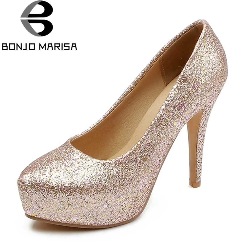 

BONJOMARISA Fashion Glitters Party Wedding Pumps Women Spring Autumn Plus Size 32-48 Sexy Shallow slip-on High Heels Shoes Woman