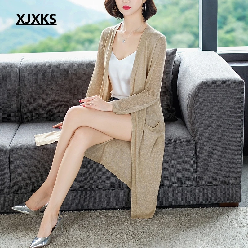 

XJXKS 2019 Summer New Long Cardigan Women Sun Protection Clothing Pocket Loose Comfortable Casual Knitting Young Women Cardigans