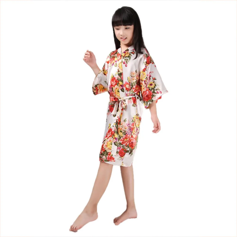 Детское атласное кимоно из вискозы, халат с цветочным принтом, банный халат, Детская ночная рубашка, одежда для сна, ночнушка