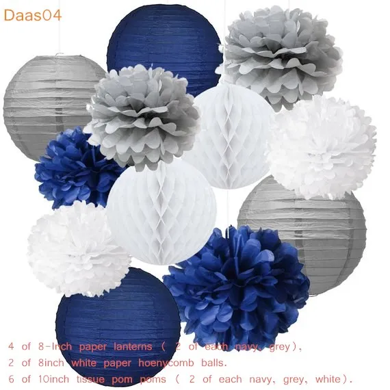 

12PCS Mixed Navy Blue Grey White Party Tissue Pompoms Flower Hanging Paper Lantern Honeycomb Balls Nautical Themed Party Decorat