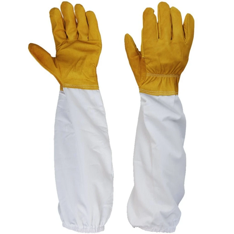 

1 Pair of Gloves Sleeves Protection Ventilated Long Professional Anti Bee for Apiculture Beekeeper - Yellow and White