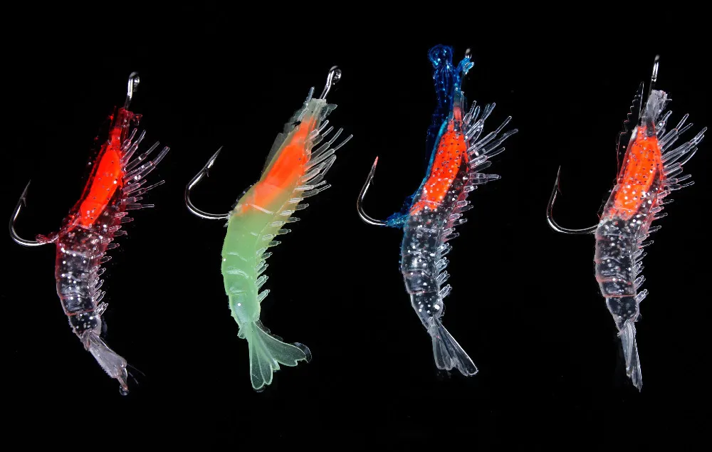 

4 pcs of Soft Plastic Fishing Lures Glow Shrimp Swim Lure Bait in 4 Colors with Hook