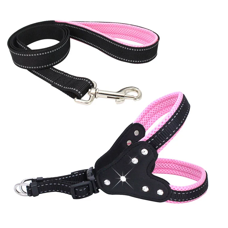 

Premium Nylon Dog Harness and Leash Adjustable Step In Dog Comfort Padded Vest Harness Reflective Rhinestones Dog Harness S M L