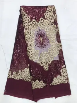 

Shining French Lace Fabric Beautiful Flower African Sequin Lace Fabric, African Lace Fabric 2019 for Party Dresses Gold WINE