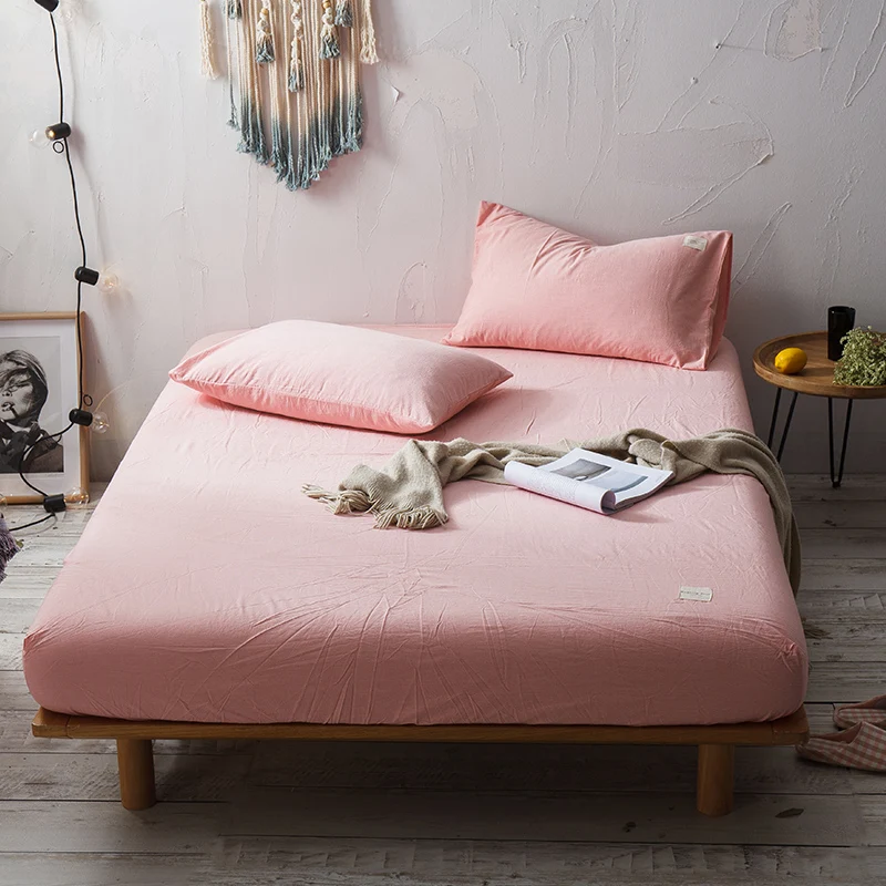 

Pink Solid Color 3Pc Cotton Fitted Sheet Mattress Cover Bedding Four Corners With Elastic Band Bed Sheet 180x200cm+40cm 10 Size