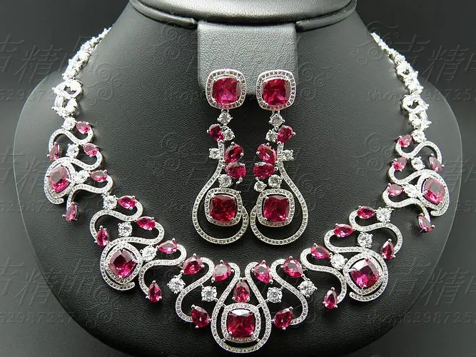 

new fashion wedding necklace earring set,Luxury red/blue/green zircon bride dressing,party jewelry