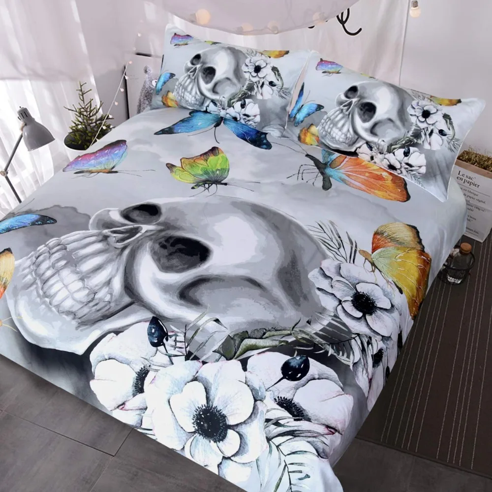 

Skull Rose Bedding Vintage Halloween Skull and Hippie Butterflies Bedding Duvet Cover, Gray, 3 Piece