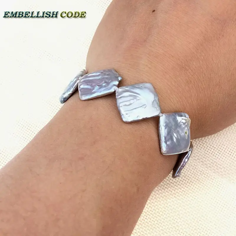 

2018 new kind baroque pearl bracelet Bangles gray grey color large size flat block shape real freshwater pearls special women