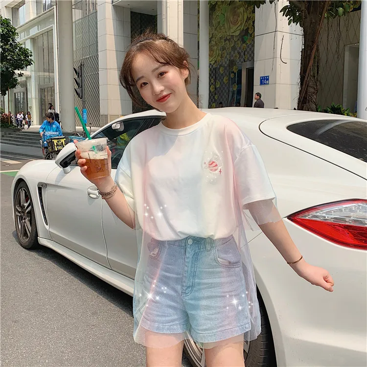 Women Embroidery Harajuku T shirt Casual Gauze Mesh Korean Clothes Sweet Gradient Color Tee Shirt Femme Fashion Vintage Top