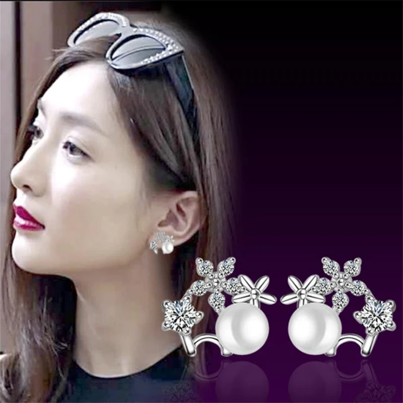 

KOFSAC New Fashion Crystal Earrings For Women 925 Sterling Silver Jewelry Exquisite Pearl Flower Stud Earring Girl Best Gifts