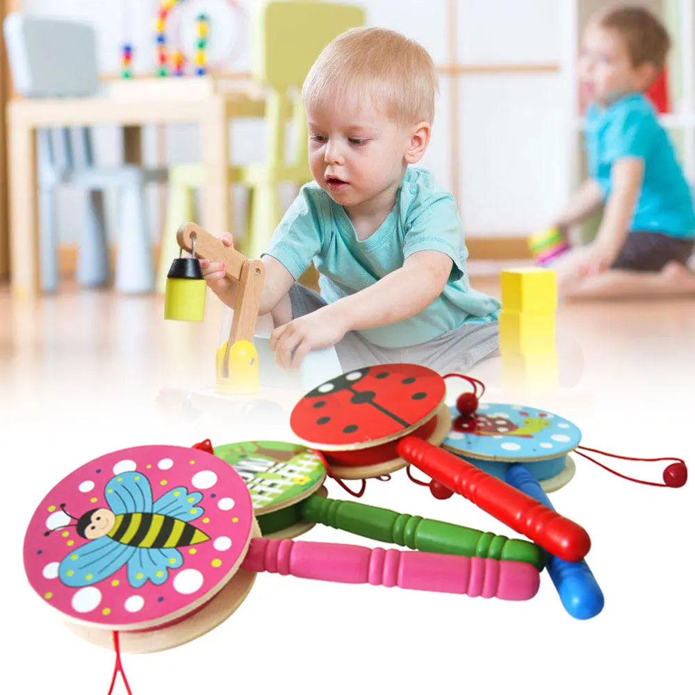 Infant Baby Drum Rattles Toy Percussion Toy Wooden Rattle Handbell Drum