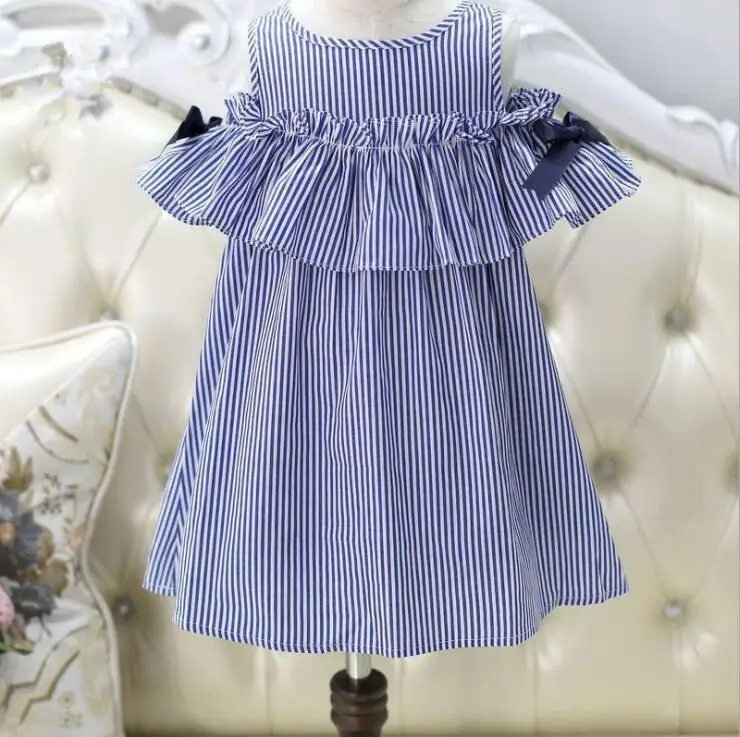 

2017 summer fresh striped girl dress children kids off should ruffles cotton dress navy school styles sundress