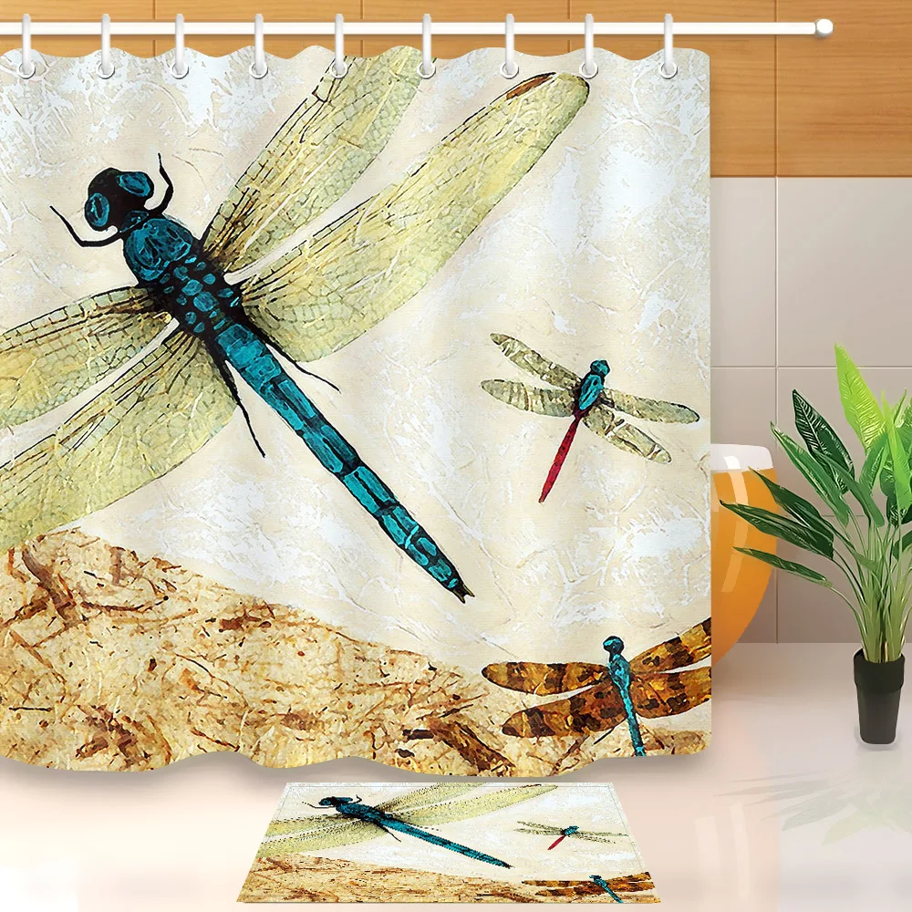 

Flying Dragonfly Wall Shower Curtains with Bath Mat Set Bathroom Curtain Liner Waterproof Polyester Fabric for Bathtub Decor