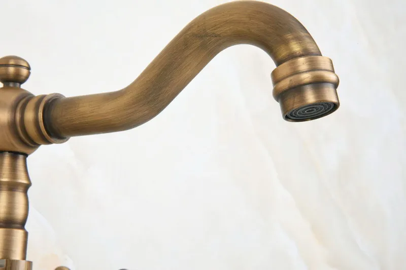 Antique Brass Dual Cross Handles Ceramic Base Bathroom Kitchen Basin Sink Faucet Mixer Tap Swivel Spout Deck Mounted mnf604