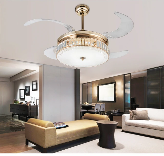 Dimming stealth ceiling fan lights Crystal folding retractable modern
