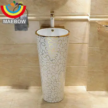 

Mosaic Gold Stylish Round Pedestal Sink Ceramic Bathroom Sink With Stand Pedestal Wash Basin With Overflow