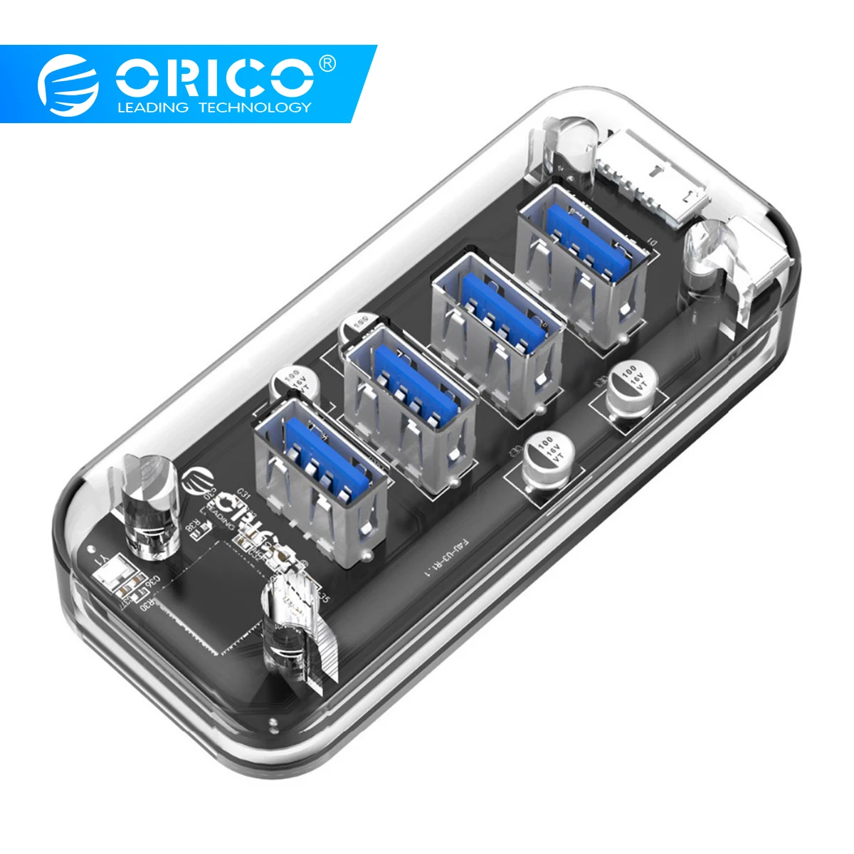 ORICO, прозрачный концентратор, высокоскоростной, 4 порта, USB 3,0, концентратор, портативный usb-хаб, разветвитель для Apple, samsung, huawei, Macbook, ноутбука, ПК, планшета