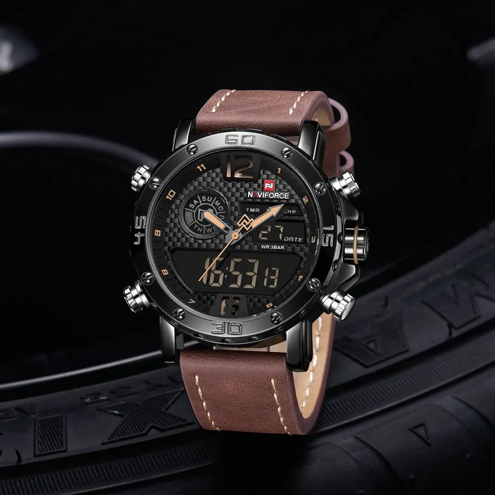 Najtaniej NAVIFORCE luksusowa marka mody zegarek sportowy mężczyźni wodoodporny Dual Time kwarcowy zegarki skórzany pasek LED data analogowy zegar cyfrowy