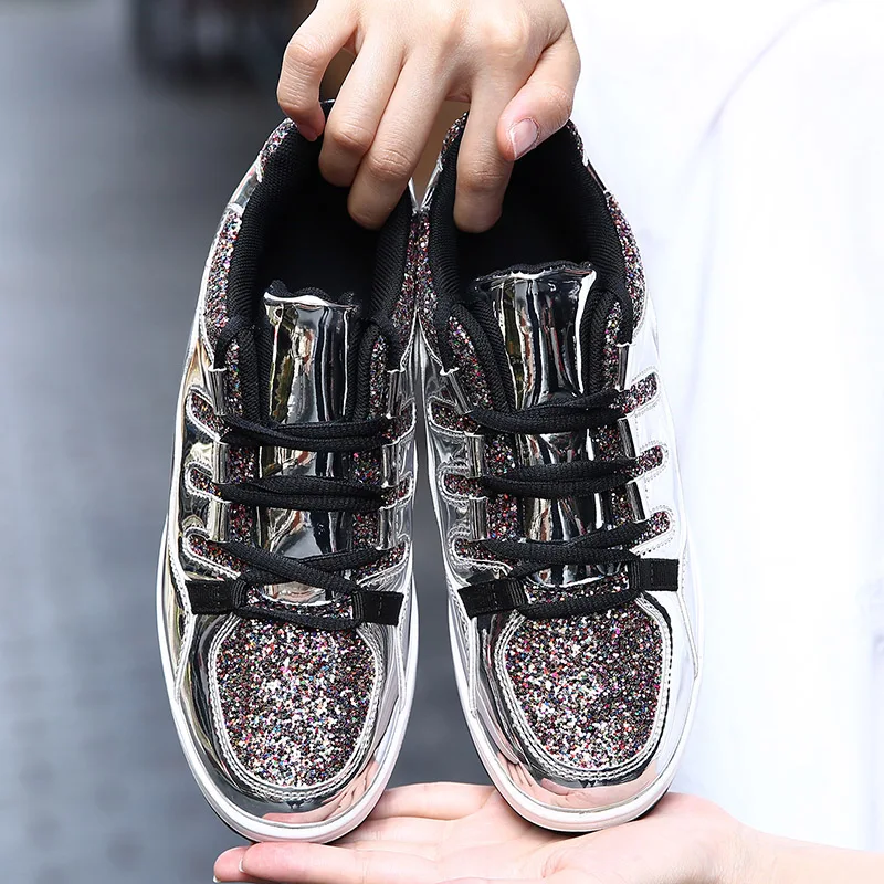 2019 Для женщин туфли на Покатой подошве Bling золотого серебряного цвета с блестками