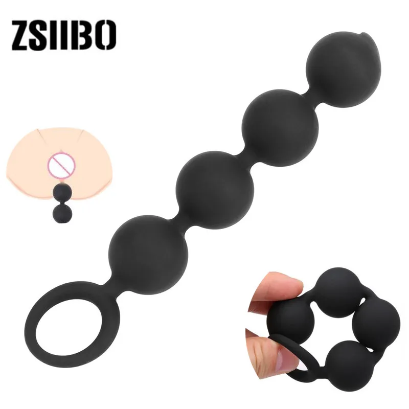 4 Balls Anal Beads with Pull Ring Erotic G-spot Silicone Butt Plug Sex Toys for Women Men Prostate Massage Black GS89