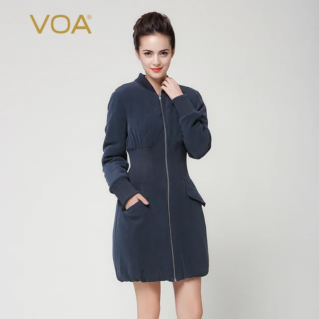 Cheap VOA navy blue heavy silk solid color Cotton-padded jacket zipper minimalist  winter jacket stand collar female coat M7233