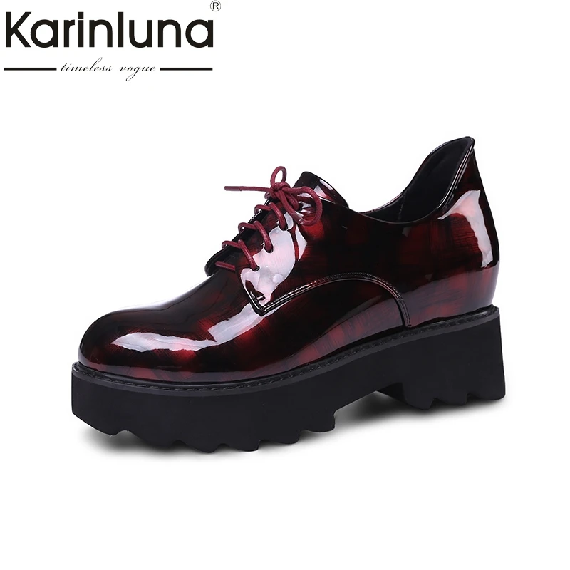 

Karinluna 2018 Spring Autumn Fashion Patent Flat Platform Shoes Woman Mixed Color Lace Up Women Casual Shoes Height Increasing