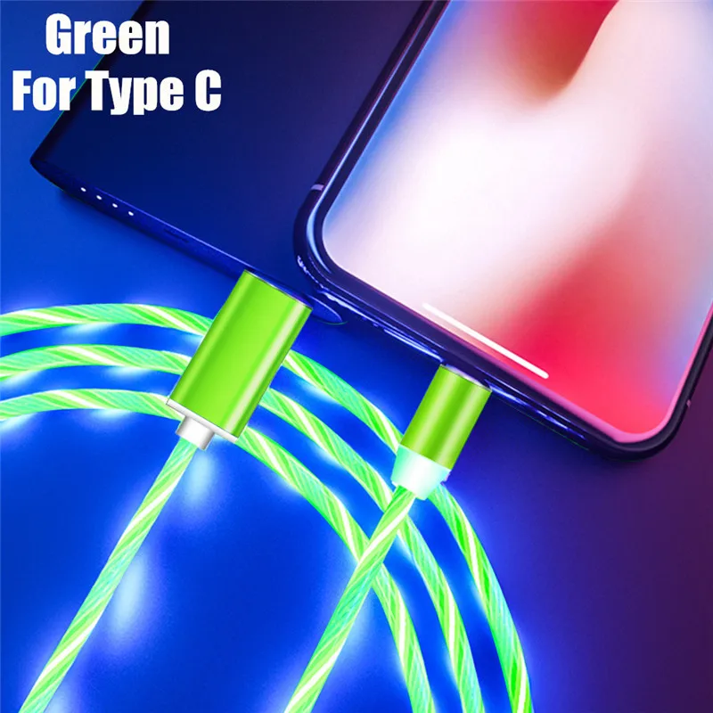 Green Type C Cable НИСИ светодиодный Micro USB Магнитный зарядный кабель для iPhone samsung Xiaomi huawei USB C TPE поток светящийся кабель быстрой зарядки - Цвет: Green Type C Cable