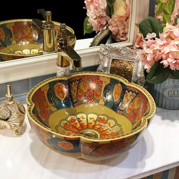 

Chinese Cloakroom Counter Top porcelain wash basin bathroom sinks ceramic art hand painted wash basins bathroom sinks flower