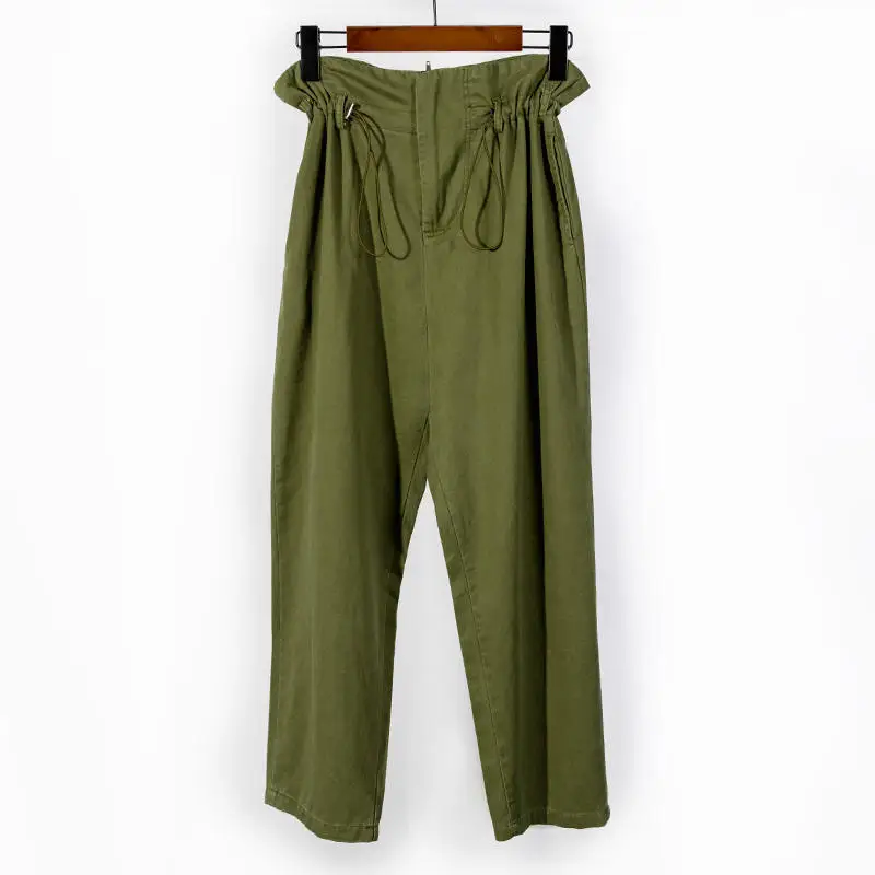 Осенние новые брюки с высокой талией женские BF Стиль Армейский Зеленый Длинные Военные Брюки Женские панталоны повседневные широкие брюки