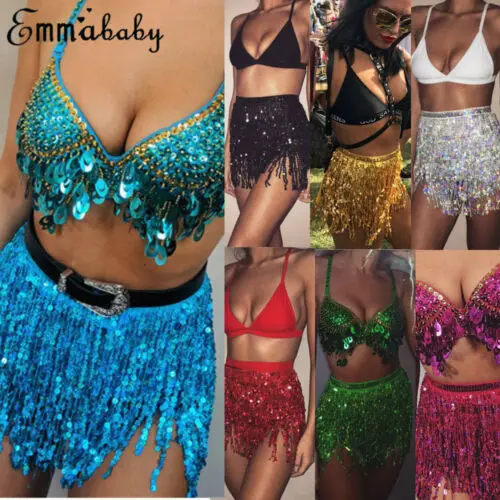 Sexy Women Belly Dance Hip Tutu Skirt Scarf Wrap Belt Glitter Sequins Tassel Hipscarf Skirts Sundress