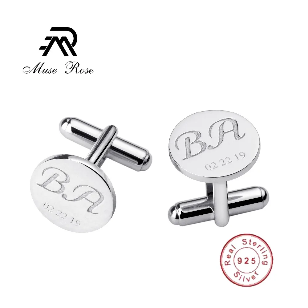 

Men Wedding Gift Custom Logo Wedding Jewelry Round Laser Engraving 925 Sterling Silver Cufflinks Men Name Gemelos Shirt Button