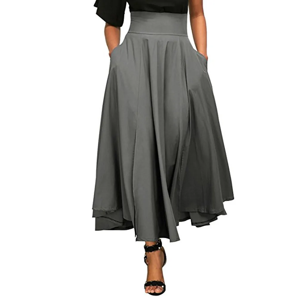 Женские юбки с высокой талией, осенняя Повседневная плиссированная трапециевидная длинная юбка с разрезом спереди и поясом с карманом, юбка макси, Vestido Midi# Z