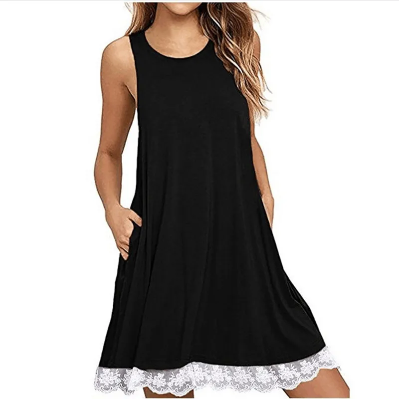 

Summer Women Mini Dress Fashion Solid Casual Lace Dresses Patchwork O-Neck Ladies Sleeveless