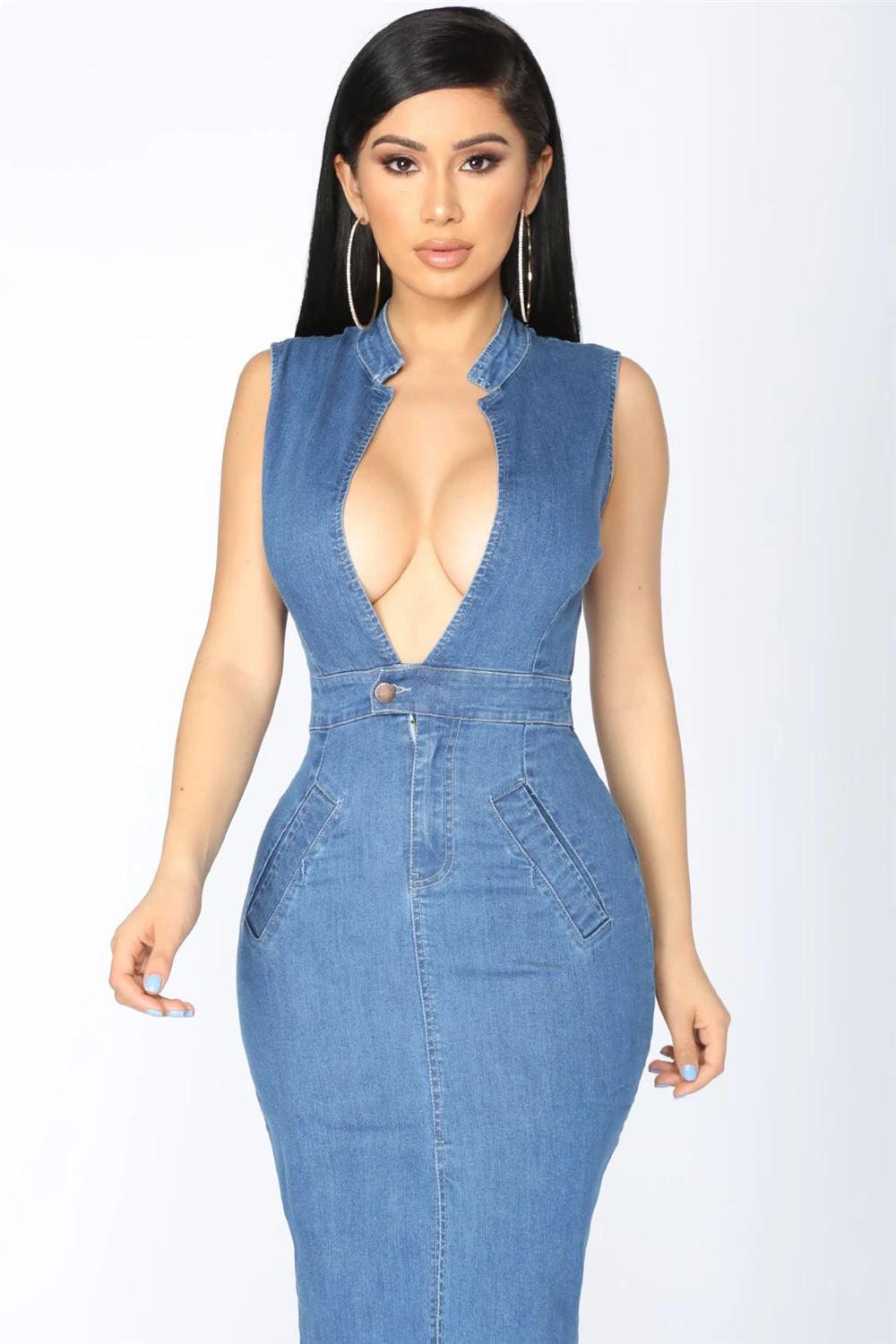 V Neck Denim Dress Women Elegant Autumn Dress Sexy Party Jeans Dress Bodycon Dresses Casual Club Wear Vestido Jeans