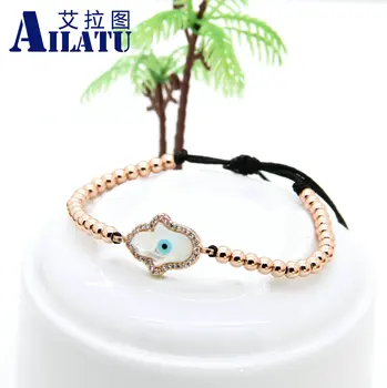 

Ailatu New Design 4mm Copper Beads with Micro Inlay Zircon Hamsa Hand Fatima Shell Eye Cz Charm Mens Macrame Braided Bracelet