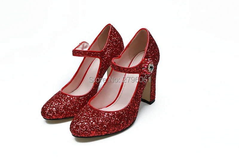 

Fashion Brand Wedding Pumps Ankle Buckle Red Bling Bling Heels 10cm Bling Bling Chunky High Heels