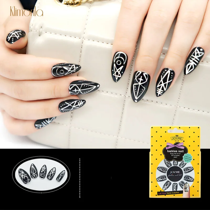 

24pcs French Acrylic False Nails Black Irregular Press On False Nails UV Gel Artificial Full Cover Nails for Finger