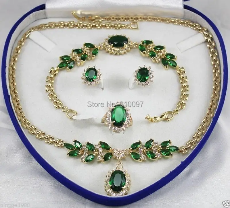 LHX54013>>Bridal Jewellery Women's Set Green Crystal Necklace Earring Ring Bracelet