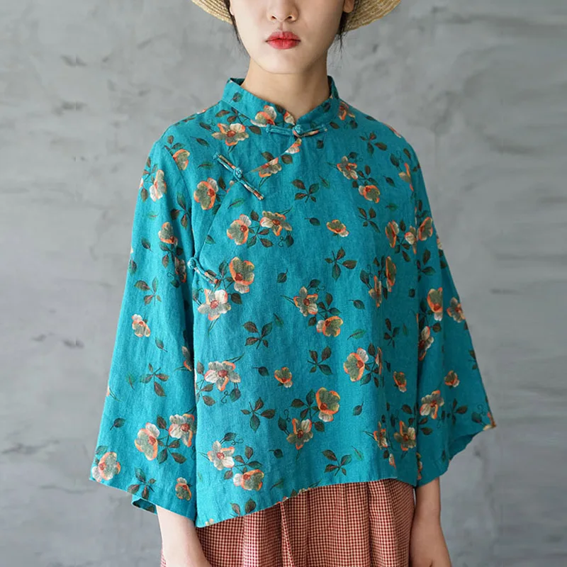 

Women Tops Blouse Shirt Vintage Camellia Print Plus Size Loose Plate Buttons Linen Shirt Blusa Feminina