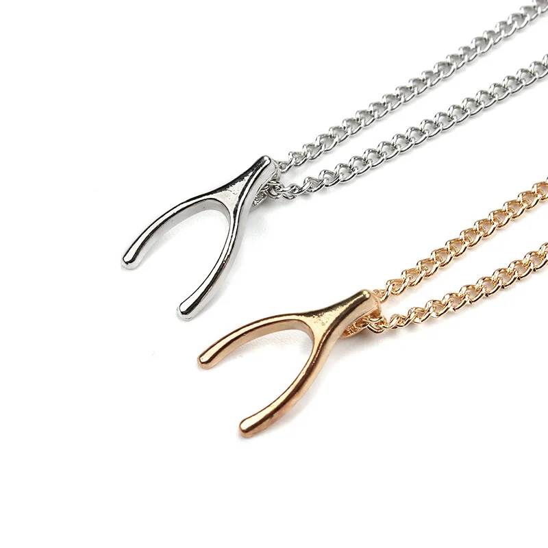 

SUKI 2019 New Wish Bone Pendant Short Chain Choker Necklace For Women Golden V Letter wish necklace with card Jewelry As gift