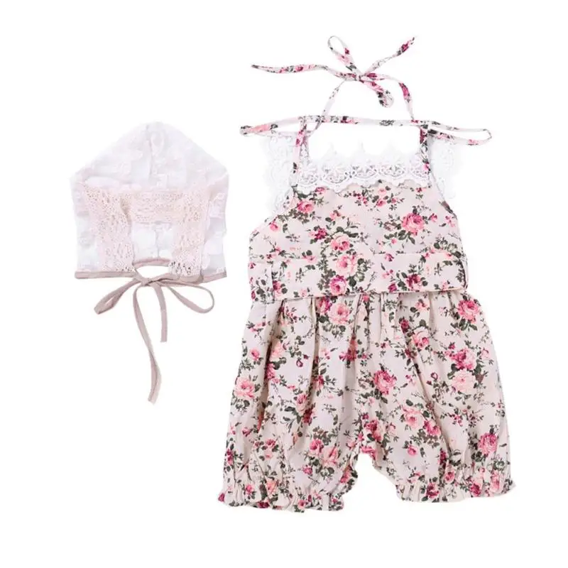 

2pcs/set Baby Girls Rompers + Lace Sheer Cap Infant Kids Floral Sleeveless Jumpsuits Summer Cute Girl Clothes Set