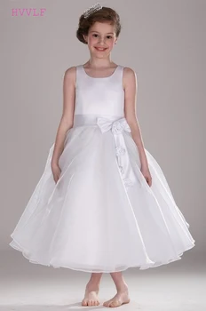 

White Flower Girl Dresses For Weddings A-line Ankle Length Chiffon Bow First Communion Dresses For Little Girls