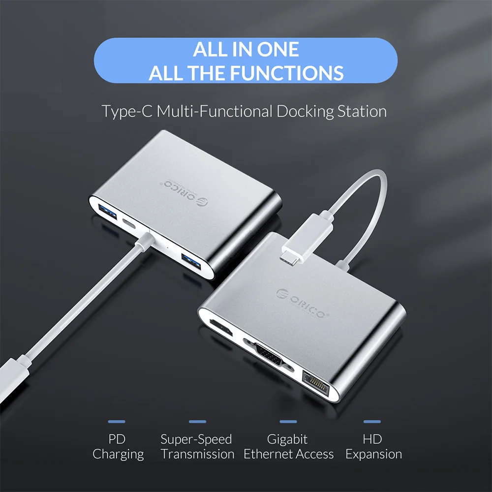 ORICO USB C концентратор для ноутбука PD функция зарядки алюминиевый Олли тип-c к HDMI/VGA/USB3.0/RJ45/SD TF кардридер 7 моделей золото